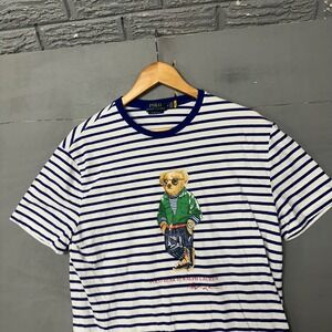 Polo Ralph Lauren Mens Polo Bear Striped T-Shirt Blue White Classic Fit Medium
